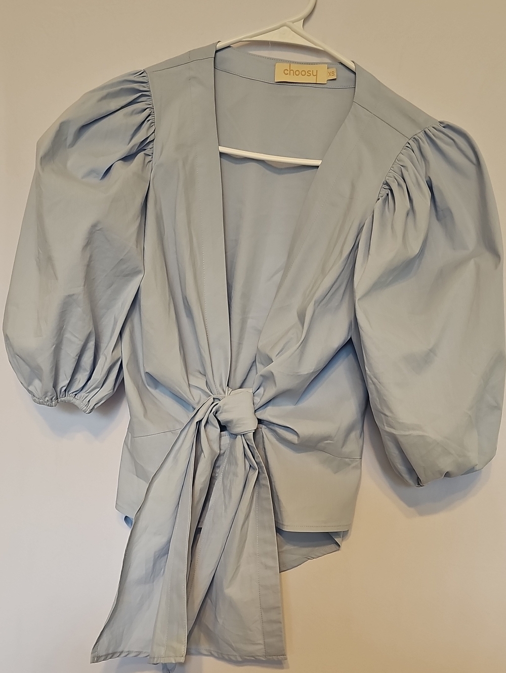 Choosy Light Blue Puff Sleeve Tie-Front Top